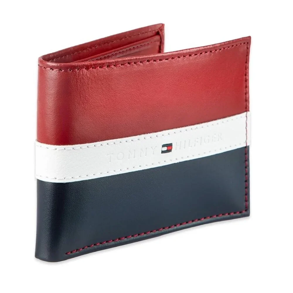 Tommy Hilfiger mens Leather Slim Bifold With Coin Pocket wallets, RED NAVY WHITE